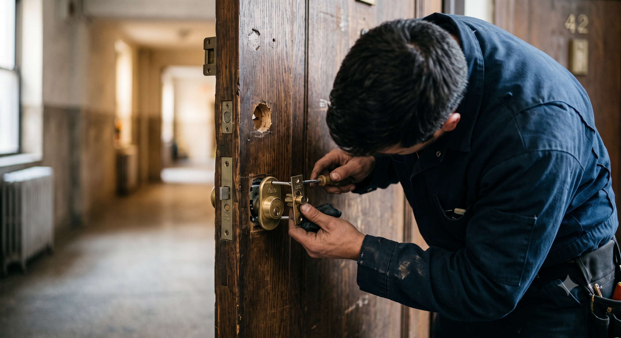 Technicien dans le cadre d'une installation de serrurerie à Lyon