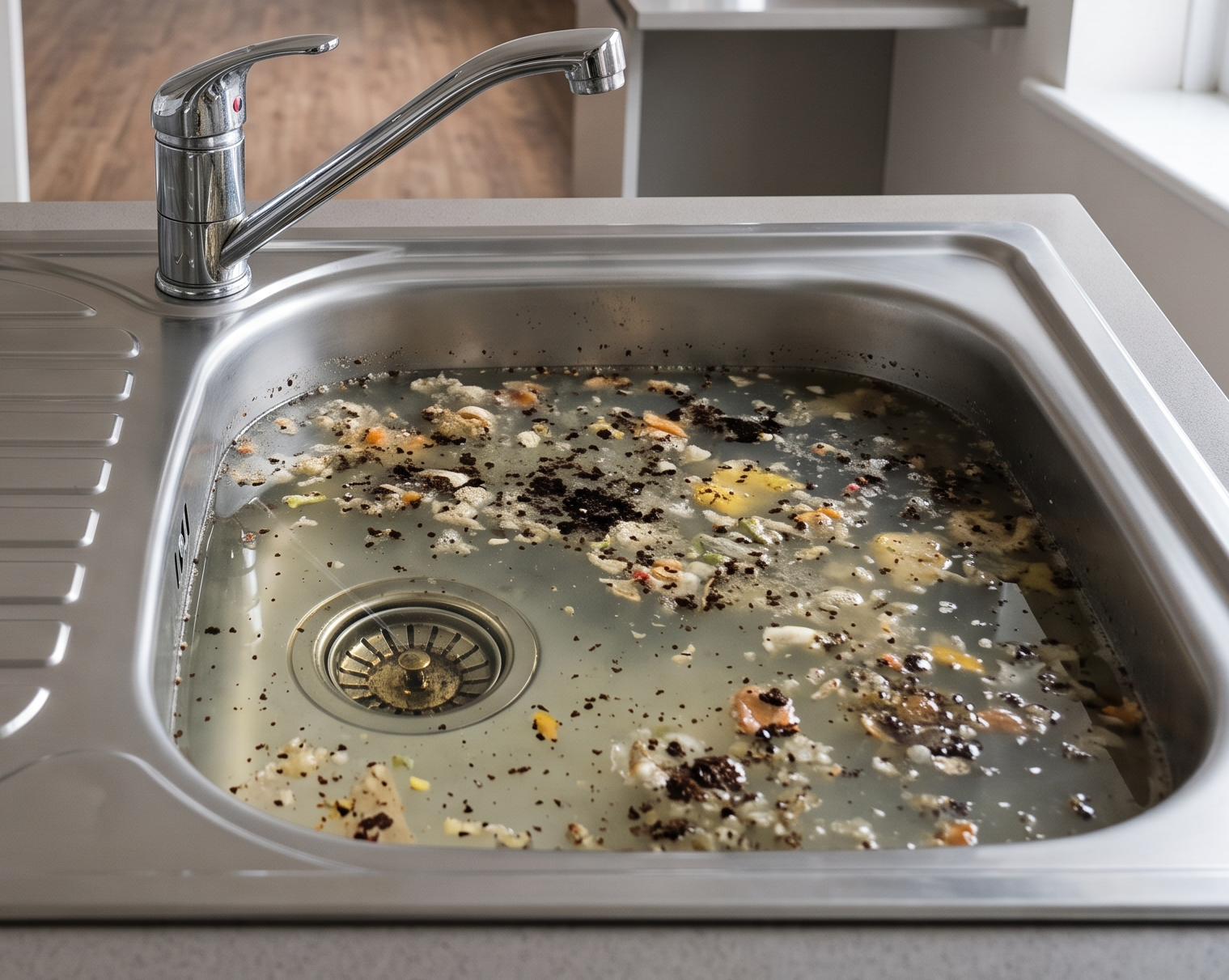 Évier de cuisine bouché avec eau stagnante, nécessitant une intervention de débouchage à Lyon
