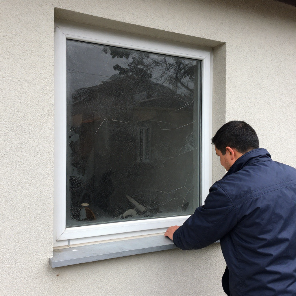 Technicien inspectant une fenêtre PVC à vitre fissurée sur façade, dans le cadre d'un remplacement de fenêtre à Lyon