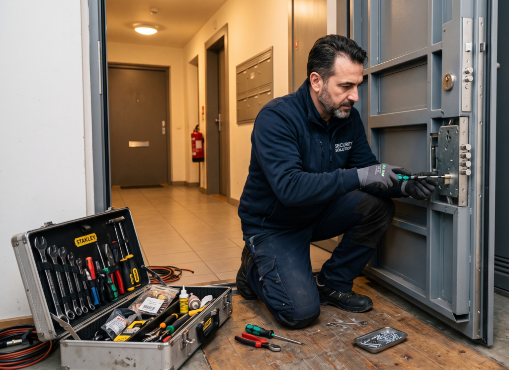 Technicien intervenant sur la serrure multipoints d'une porte blindée dans un immeuble à Lyon